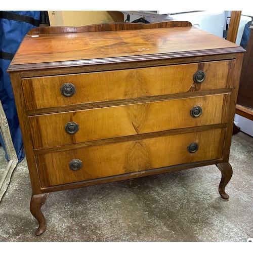 67 - WALNUT THREE DRAWER CHEST ON CABRIOLE LEGS