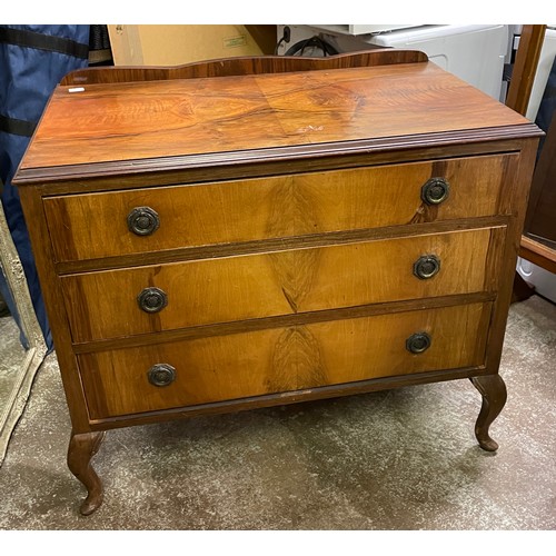 67 - WALNUT THREE DRAWER CHEST ON CABRIOLE LEGS