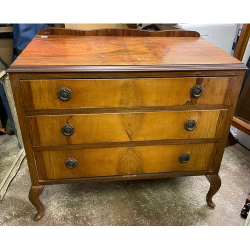 67 - WALNUT THREE DRAWER CHEST ON CABRIOLE LEGS