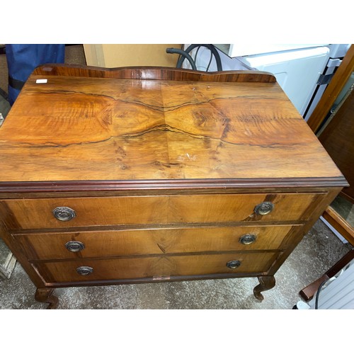 67 - WALNUT THREE DRAWER CHEST ON CABRIOLE LEGS