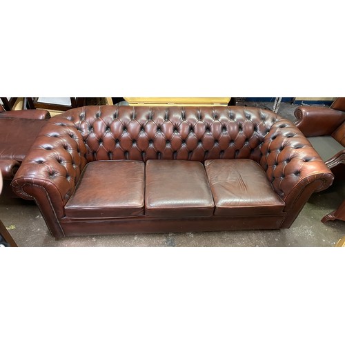 94 - OX BLOOD LEATHER BUTTON BACK CHESTERFIELD SOFA