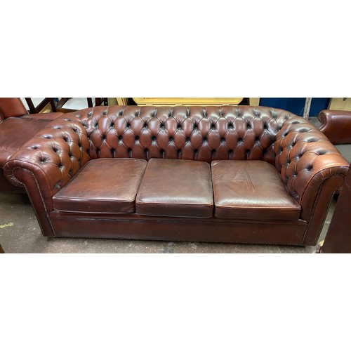 94 - OX BLOOD LEATHER BUTTON BACK CHESTERFIELD SOFA