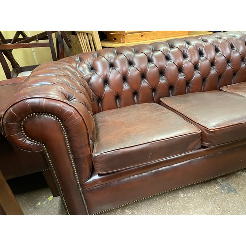 94 - OX BLOOD LEATHER BUTTON BACK CHESTERFIELD SOFA