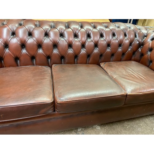 94 - OX BLOOD LEATHER BUTTON BACK CHESTERFIELD SOFA