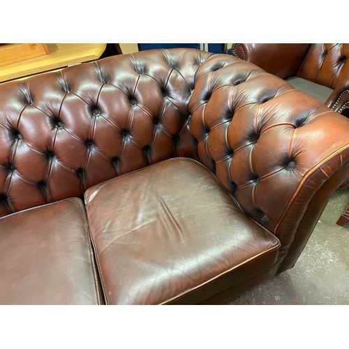 94 - OX BLOOD LEATHER BUTTON BACK CHESTERFIELD SOFA