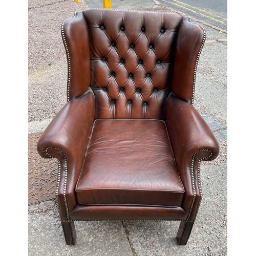 95 - OX BLOOD LEATHER BUTTON BACK GAINSBOROUGH STYLE WING ARMCHAIR