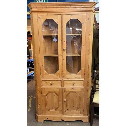 99 - PINE GLAZED FULL HEIGHT CORNER CUPBOARD