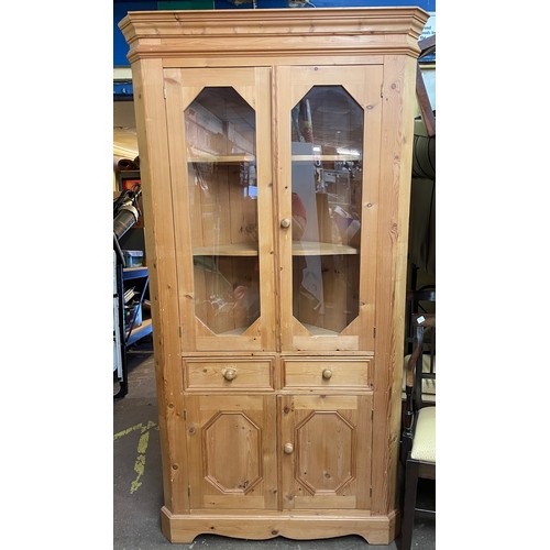 99 - PINE GLAZED FULL HEIGHT CORNER CUPBOARD