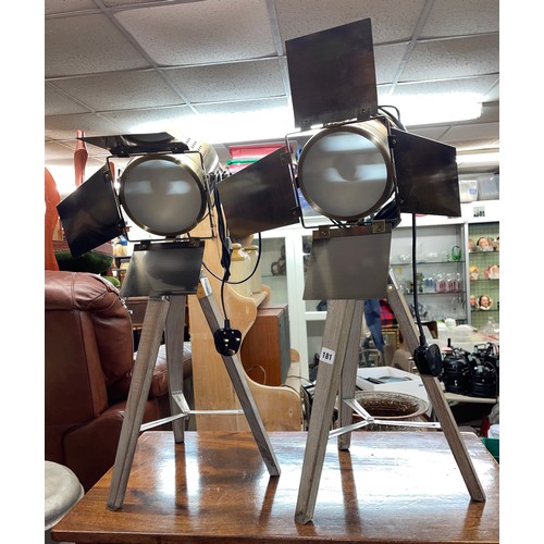 181 - PAIR OF MINIATURE STAGE SPOT LAMPS ON TRIPOD BASES