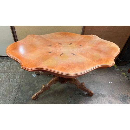 65 - REPRODUCTION WALNUT AND FOLIATE MARQUETRY PEDESTAL COFFEE TABLE