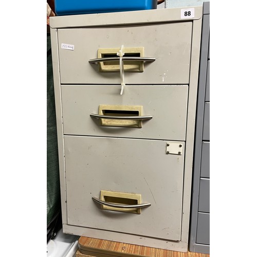 80 - GREY METAL THREE DOOR CABINET AND CREAM CUPBOARD WITH FORMICA TOP