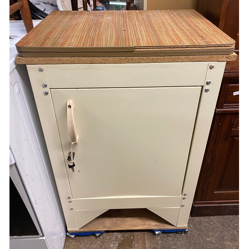 80 - GREY METAL THREE DOOR CABINET AND CREAM CUPBOARD WITH FORMICA TOP