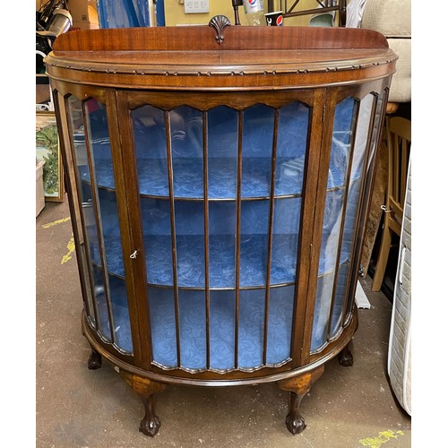 90 - MAHOGANY DEMI LUNE DISPLAY CABINET ON CABRIOLE LEGS