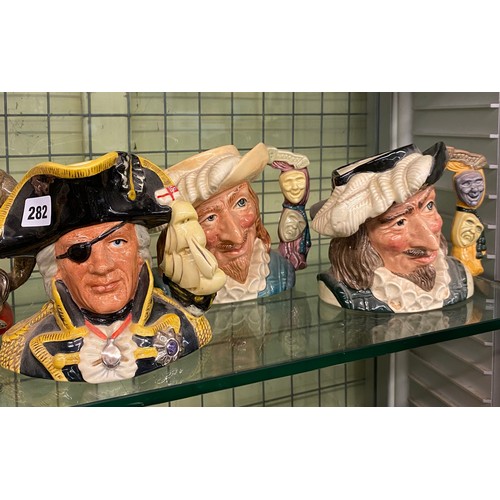 282 - SHELF OF SIX ROYAL DOULTON LIMITED EDITION CHARACTER JUGS INCLUDING SCARAMOUCHE, VICE ADMIRAL LORD N... 