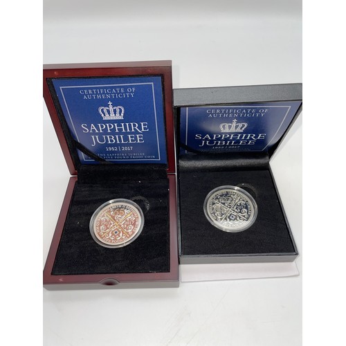 559 - TWO INDIVIDUALLY CASED SAPPHIRE JUBILEE 1952-2017 SILVER FIVE POUND PROOF COINS