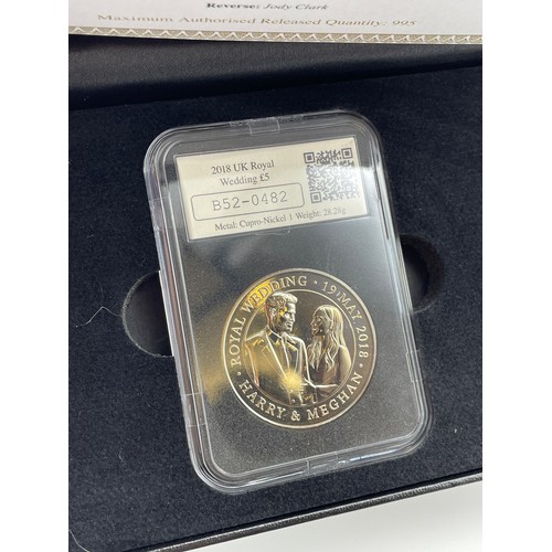 560 - TWO PRINCE HARRY AND MEGAN MARKLE ROYAL ENGAGEMENT GOLD PLATED COMMEMORATIVE PROOF COINS AND A £5 PR... 