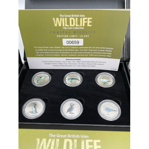 558 - THREE THE GREAT BRITISH ISLE WILDLIFE 10P COIN COLLECTION COASTAL WILD LIFE, INSECTS, AND WOODLAND M... 