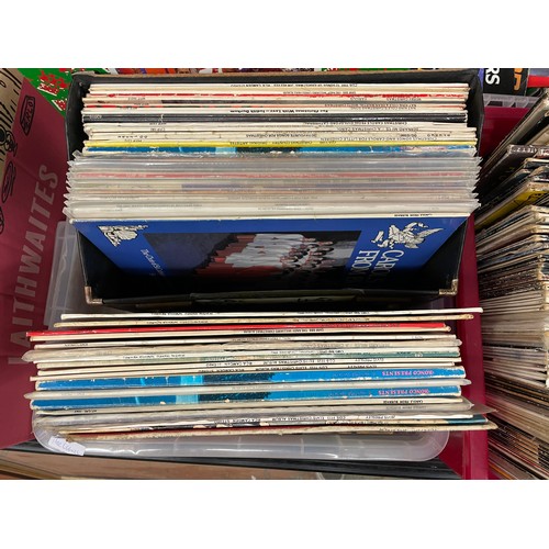 412 - THREE CARTONS OF VARIOUS VINYL LPS RECORDS INCLUDING COMEDY, AND CHRISTMAS ALBUMS AND CDS