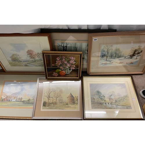 680 - SELECTION OF WATERCOLOURS MAINLY OF RURAL LANDSCPAES AND SEASONAL SCENES F/G