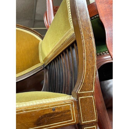 163 - EDWARDIAN MAHOGANY AND MARQUETRY INLAID UPHOLSTERED ARMCHAIR