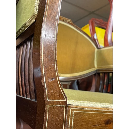 163 - EDWARDIAN MAHOGANY AND MARQUETRY INLAID UPHOLSTERED ARMCHAIR