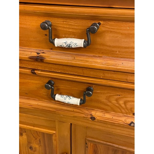 92 - EVERY DAY COUNTRY PINE LONG DRESSER BASE WITH DELFT CERAMIC HANDLES