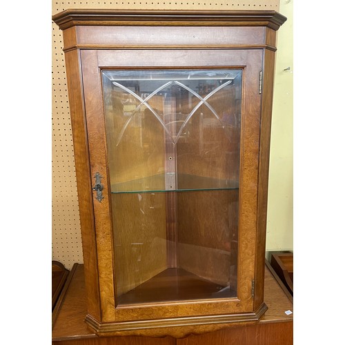 173 - BURR WALNUT SERPENTINE CORNER CUPBOARD AND MATCHING BURR WALNUT GLAZED HANGING CORNER CUPBOARD