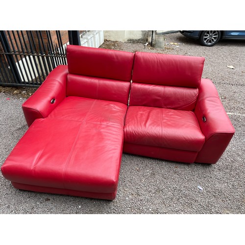 129 - CHERRY RED LEATHER L SHAPED SOFA, FOOT STOOL AND RECLINING ARMCHAIR