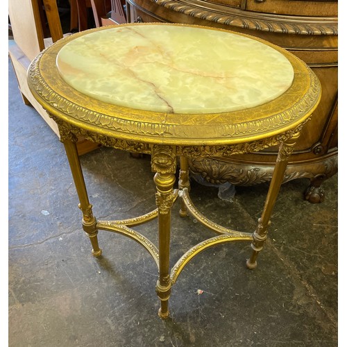 227 - FRENCH STYLE GILDED OVAL OCCASIONAL TABLE WITH INSET ONYX TOP