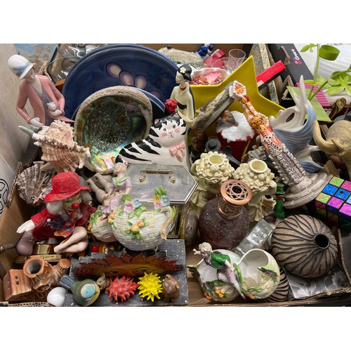 354 - TWO CARTONS OF VARIOUS ORNAMENTS - CONTINENTAL TWIN BASKET FIGURE GROUPS, POTTERY VASES, CLOCKS, SHE... 