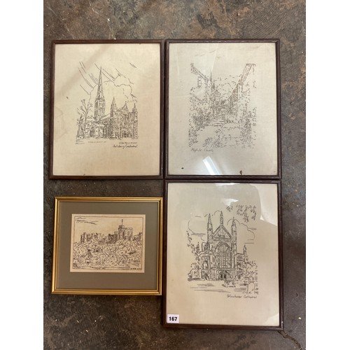 650 - SET OF FOUR SEW AND STITCHED PICTURES OF CATHEDRALS AND CASTLES