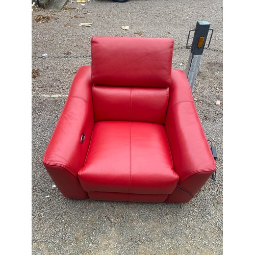 129 - CHERRY RED LEATHER L SHAPED SOFA, FOOT STOOL AND RECLINING ARMCHAIR