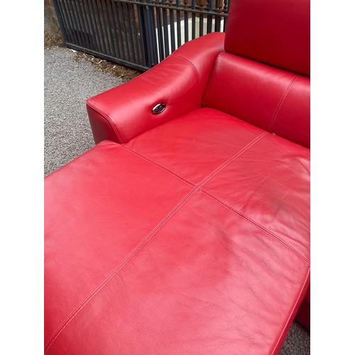 129 - CHERRY RED LEATHER L SHAPED SOFA, FOOT STOOL AND RECLINING ARMCHAIR