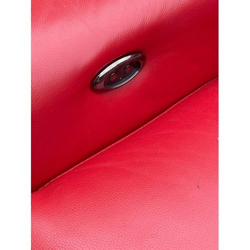 129 - CHERRY RED LEATHER L SHAPED SOFA, FOOT STOOL AND RECLINING ARMCHAIR