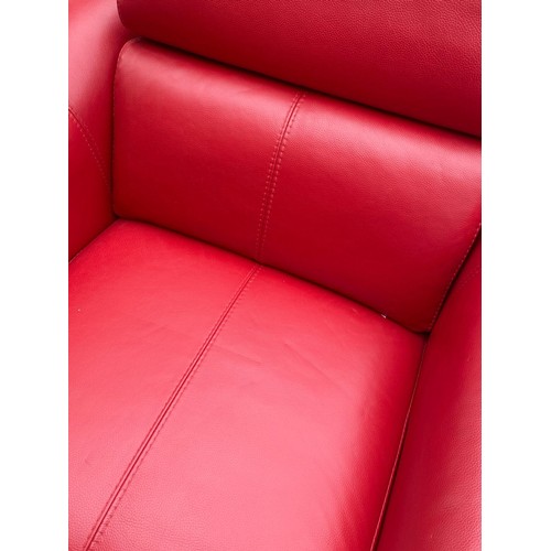 129 - CHERRY RED LEATHER L SHAPED SOFA, FOOT STOOL AND RECLINING ARMCHAIR