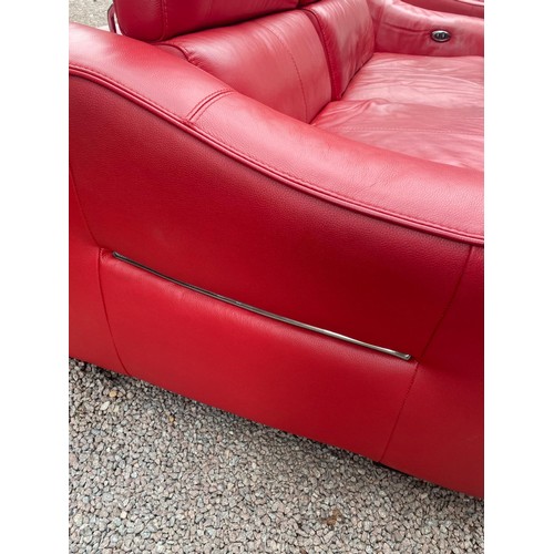 129 - CHERRY RED LEATHER L SHAPED SOFA, FOOT STOOL AND RECLINING ARMCHAIR