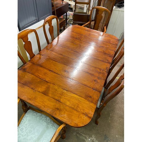 54 - GOOD QUALITY TWIN PEDESTAL CHERRY WOOD DINING TABLE AND SIX DINING CHAIRS