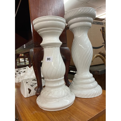 95 - WHITE POTTERY JARDINIERE STANDS, CHERUB AND FACE MASK CORBELS