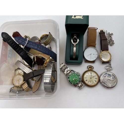 399 - TUB OF MAINLY GENTS WRIST WATCHES, REPRODUCTION POCKET WATCH WITH CHAIN, INGERSOL WATCH