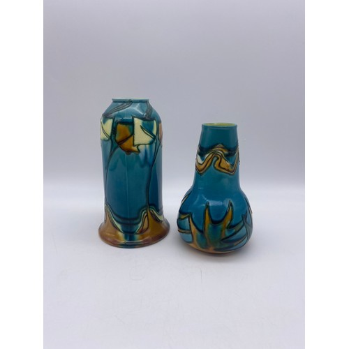 730 - MINTON LIMITED NUMBER 42 SECESSIONIST SQUAT VASE AND NUMBER 46 CYLINDER VASE ONE WITH RESTORATION