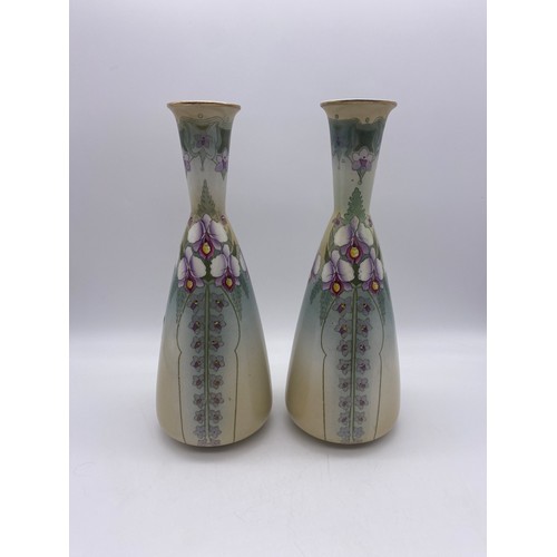 728 - PAIR OF BURSLEM POTTERY WOOD STOCK TAPERED VASES DECORATED WITH FLOWERS HEIGHT 27CM APPROX