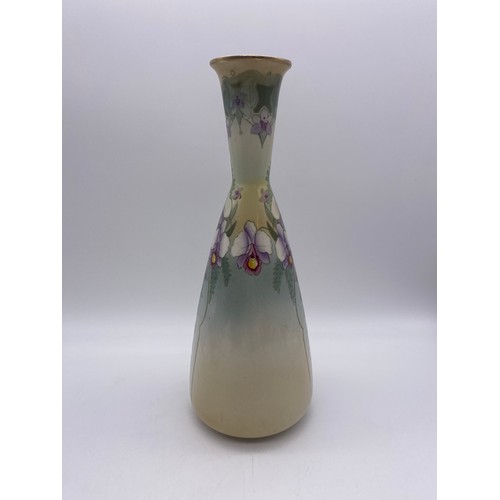 728 - PAIR OF BURSLEM POTTERY WOOD STOCK TAPERED VASES DECORATED WITH FLOWERS HEIGHT 27CM APPROX