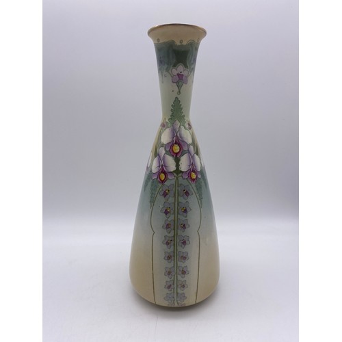 728 - PAIR OF BURSLEM POTTERY WOOD STOCK TAPERED VASES DECORATED WITH FLOWERS HEIGHT 27CM APPROX