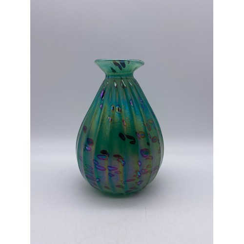 727 - JOHN DITCHFIELD IRIDESCENT RIBBED BULBOUS VASE HEIGHT 16CM APPROX