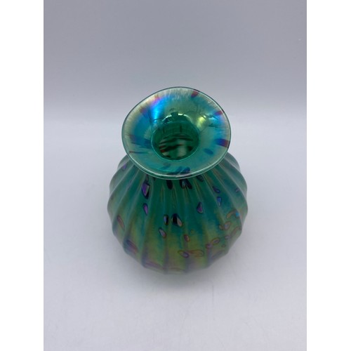 727 - JOHN DITCHFIELD IRIDESCENT RIBBED BULBOUS VASE HEIGHT 16CM APPROX