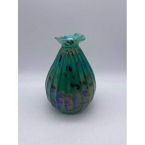 727 - JOHN DITCHFIELD IRIDESCENT RIBBED BULBOUS VASE HEIGHT 16CM APPROX