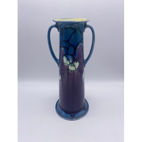 732 - MINTON LIMITED 39 TWIN HANDLED PURPLE AND BLUE TAPERED VASE  HEIGHT 29.5CM APPROX