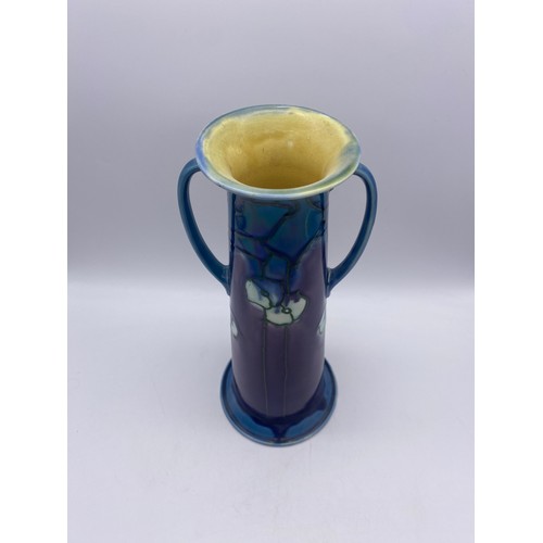 732 - MINTON LIMITED 39 TWIN HANDLED PURPLE AND BLUE TAPERED VASE  HEIGHT 29.5CM APPROX