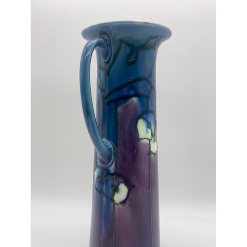 732 - MINTON LIMITED 39 TWIN HANDLED PURPLE AND BLUE TAPERED VASE  HEIGHT 29.5CM APPROX