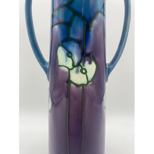 732 - MINTON LIMITED 39 TWIN HANDLED PURPLE AND BLUE TAPERED VASE  HEIGHT 29.5CM APPROX